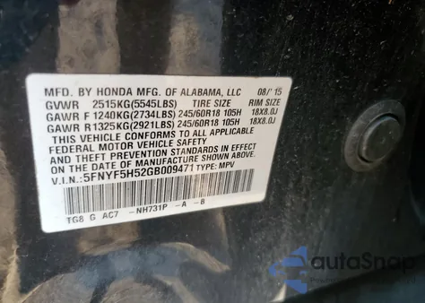 2016 Honda Pilot Exl из США, поврежденный, VIN 5FNYF5H52GB009471